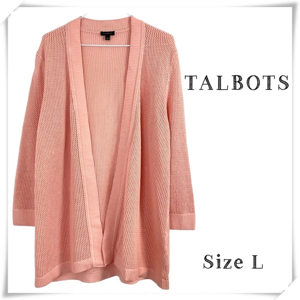 TALBOTS Mesh Open Front Cardigan in Pink